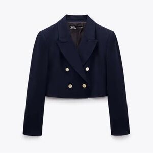 Zara Navy Double-Breasted Cropped Blazer